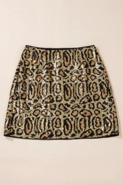 Clearance Dear-Lover Sequined Leopard Print Disco Mini Skirt Brown