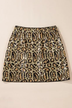 Clearance Dear-Lover Sequined Leopard Print Disco Mini Skirt Brown