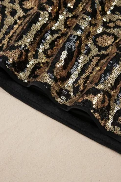 Clearance Dear-Lover Sequined Leopard Print Disco Mini Skirt Brown