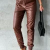Fashion Dear-Lover Smocked High-Waist Leather Skinny Pants Brown
