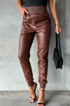 Fashion Dear-Lover Smocked High-Waist Leather Skinny Pants Brown