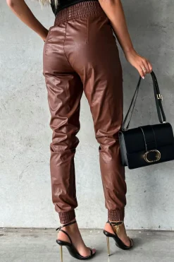 Fashion Dear-Lover Smocked High-Waist Leather Skinny Pants Brown