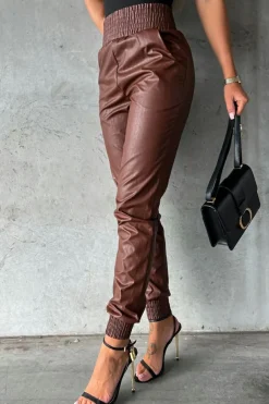 Fashion Dear-Lover Smocked High-Waist Leather Skinny Pants Brown