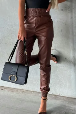 Fashion Dear-Lover Smocked High-Waist Leather Skinny Pants Brown