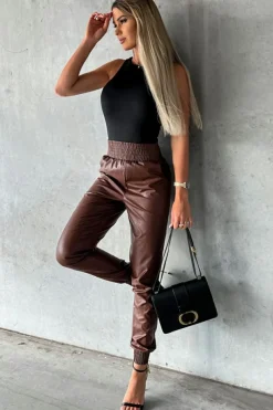 Fashion Dear-Lover Smocked High-Waist Leather Skinny Pants Brown