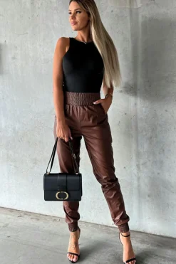 Fashion Dear-Lover Smocked High-Waist Leather Skinny Pants Brown