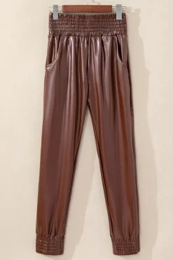 Fashion Dear-Lover Smocked High-Waist Leather Skinny Pants Brown