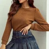 Hot Dear-Lover Solid Color Quilted Puff Sleeve Pullover Sweatshirt Brown