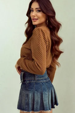 Hot Dear-Lover Solid Color Quilted Puff Sleeve Pullover Sweatshirt Brown