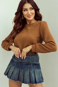 Hot Dear-Lover Solid Color Quilted Puff Sleeve Pullover Sweatshirt Brown