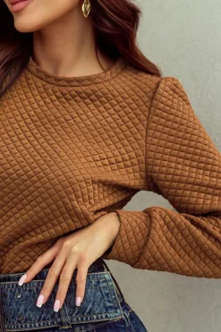 Hot Dear-Lover Solid Color Quilted Puff Sleeve Pullover Sweatshirt Brown