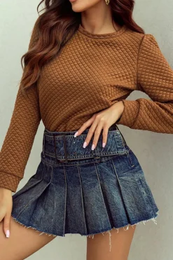 Hot Dear-Lover Solid Color Quilted Puff Sleeve Pullover Sweatshirt Brown