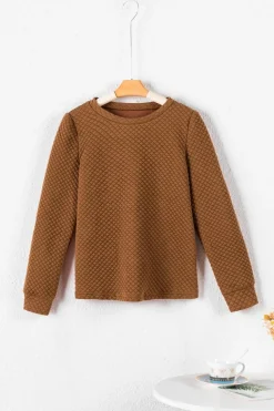 Hot Dear-Lover Solid Color Quilted Puff Sleeve Pullover Sweatshirt Brown