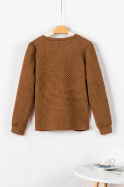 Hot Dear-Lover Solid Color Quilted Puff Sleeve Pullover Sweatshirt Brown