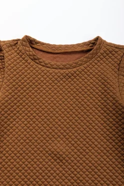 Hot Dear-Lover Solid Color Quilted Puff Sleeve Pullover Sweatshirt Brown