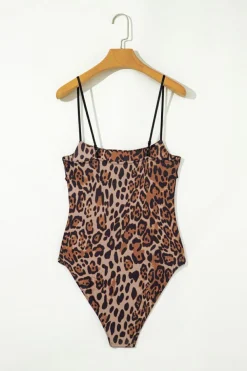 Discount Dear-Lover Spaghetti Straps Ruched Leopard Bodysuit Brown