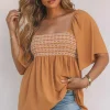 New Dear-Lover Square Neck Wide Sleeves Flowy Top Brown