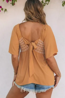 New Dear-Lover Square Neck Wide Sleeves Flowy Top Brown