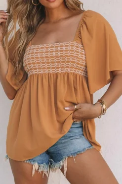 New Dear-Lover Square Neck Wide Sleeves Flowy Top Brown