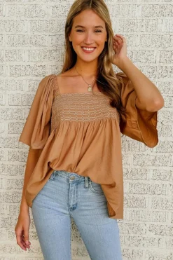 New Dear-Lover Square Neck Wide Sleeves Flowy Top Brown