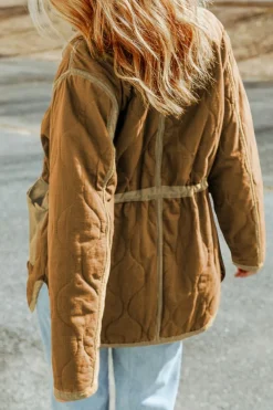 Clearance Dear-Lover Stitching Quilted Drawstring Jacket Brown