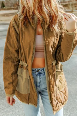 Clearance Dear-Lover Stitching Quilted Drawstring Jacket Brown