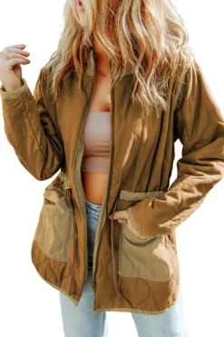 Clearance Dear-Lover Stitching Quilted Drawstring Jacket Brown