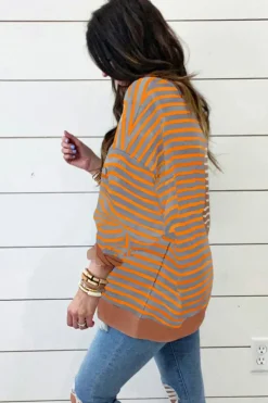 Clearance Dear-Lover Casual Stripe Colorblock Drop Shoulder Oversize Sweatshirt Brown Stripe