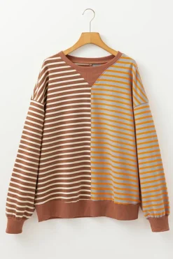 Clearance Dear-Lover Casual Stripe Colorblock Drop Shoulder Oversize Sweatshirt Brown Stripe