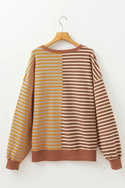 Clearance Dear-Lover Casual Stripe Colorblock Drop Shoulder Oversize Sweatshirt Brown Stripe