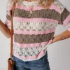 Online Dear-Lover Color Block Hollow Out Crochet Half Sleeve Sweater Brown Stripe