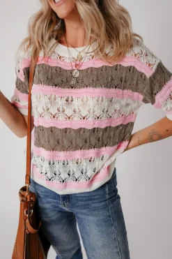 Online Dear-Lover Color Block Hollow Out Crochet Half Sleeve Sweater Brown Stripe