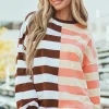 Clearance Dear-Lover Color Block Drop Shoulder Pullover Sweatshirt Brown Stripe