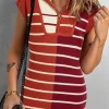 Outlet Dear-Lover Color Block Quarter Zip Collar Short Sleeve Sweater Dress Brown Stripe