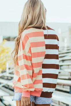 Clearance Dear-Lover Color Block Drop Shoulder Pullover Sweatshirt Brown Stripe