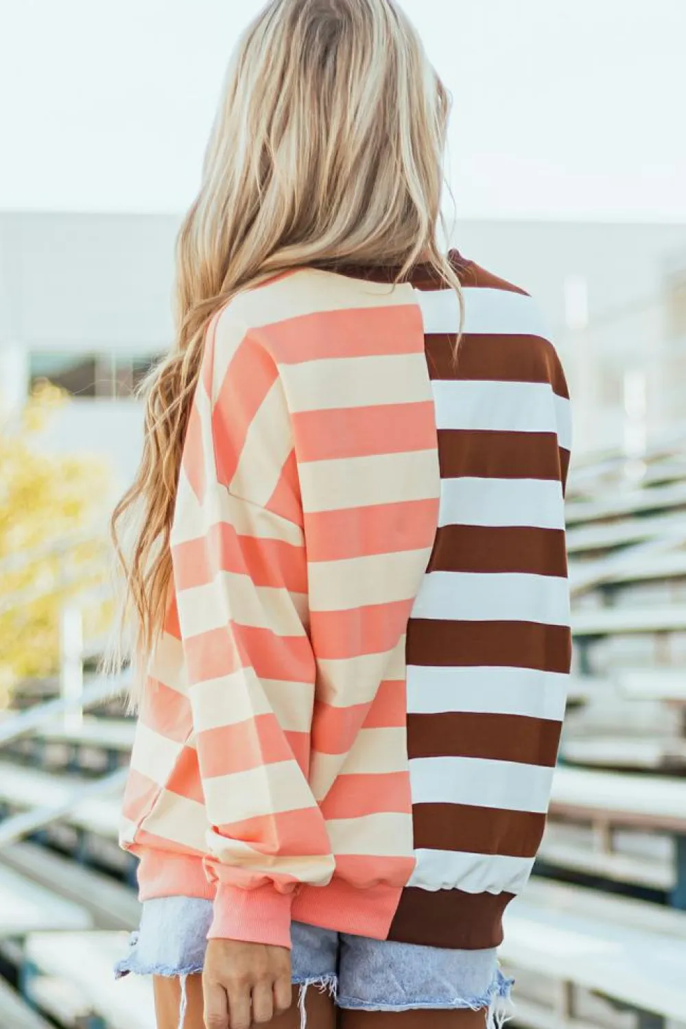 Clearance Dear-Lover Color Block Drop Shoulder Pullover Sweatshirt Brown Stripe
