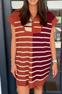 Outlet Dear-Lover Color Block Quarter Zip Collar Short Sleeve Sweater Dress Brown Stripe