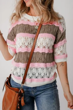 Online Dear-Lover Color Block Hollow Out Crochet Half Sleeve Sweater Brown Stripe