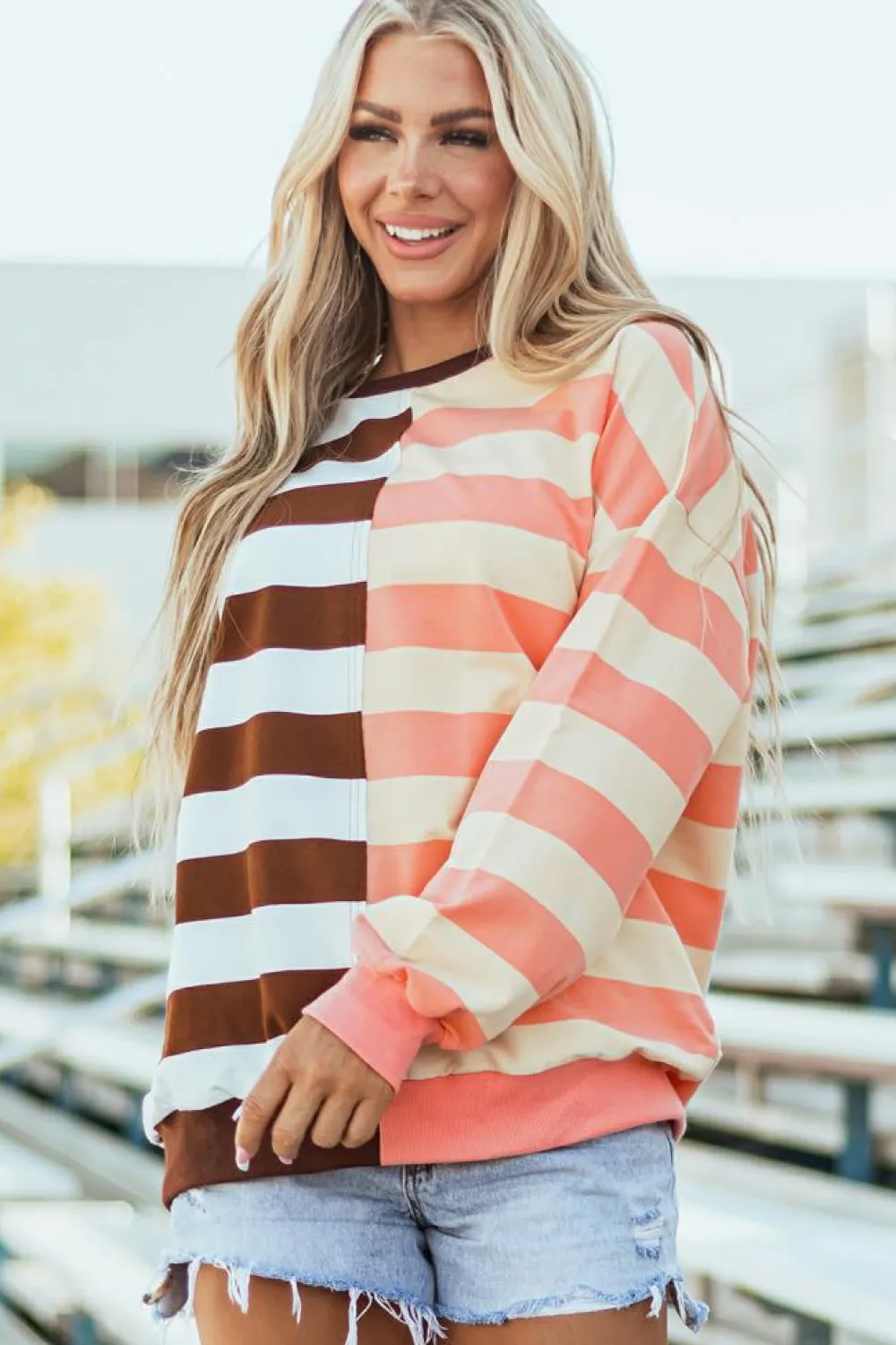Clearance Dear-Lover Color Block Drop Shoulder Pullover Sweatshirt Brown Stripe