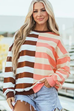 Clearance Dear-Lover Color Block Drop Shoulder Pullover Sweatshirt Brown Stripe