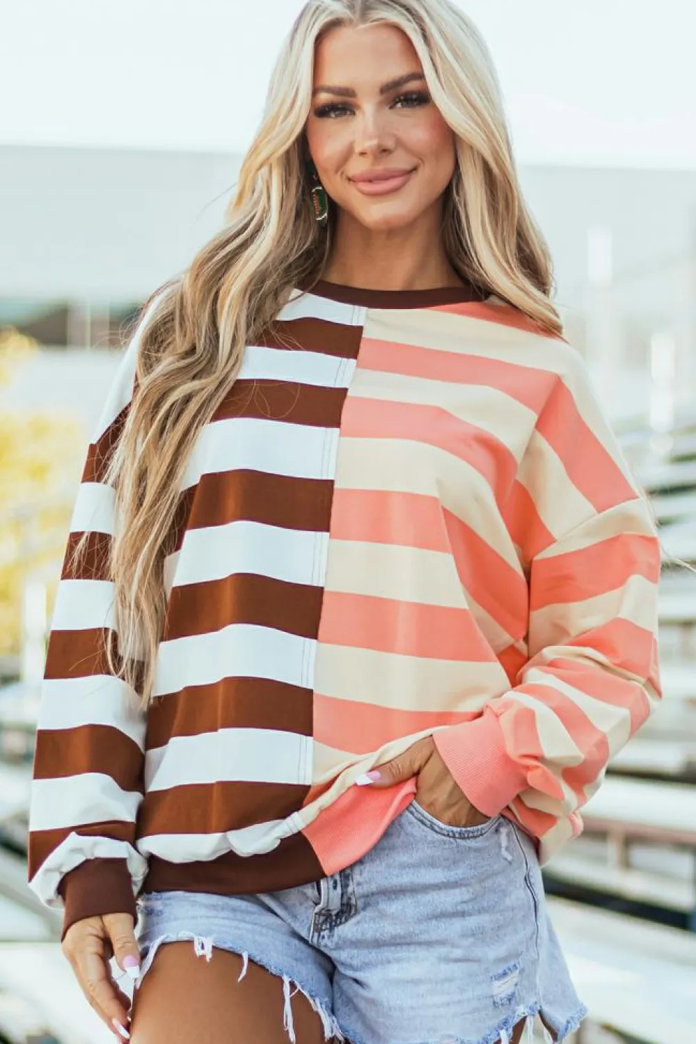 Clearance Dear-Lover Color Block Drop Shoulder Pullover Sweatshirt Brown Stripe