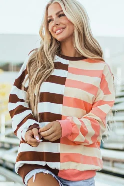 Clearance Dear-Lover Color Block Drop Shoulder Pullover Sweatshirt Brown Stripe