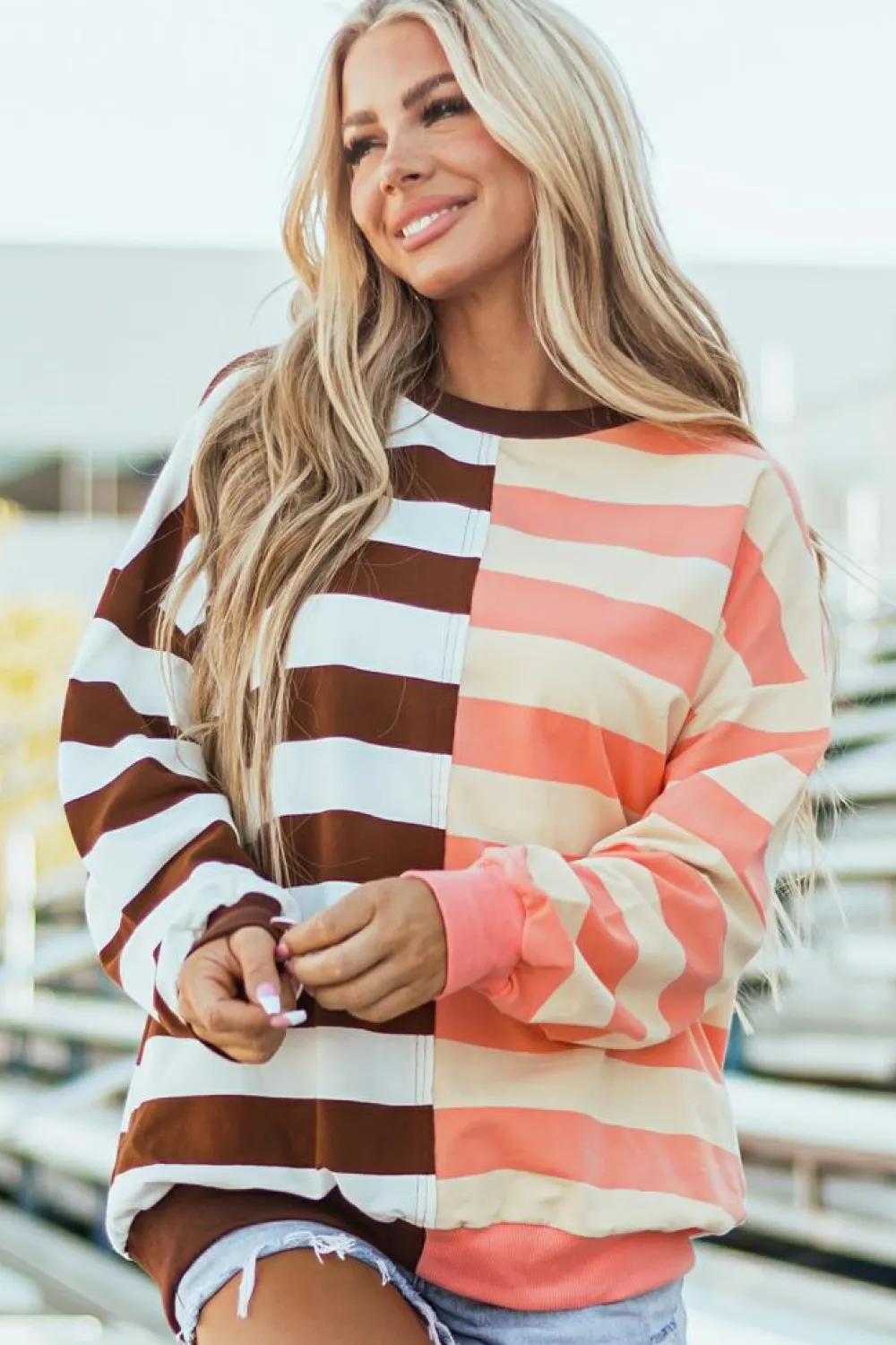 Clearance Dear-Lover Color Block Drop Shoulder Pullover Sweatshirt Brown Stripe