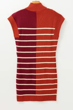 Outlet Dear-Lover Color Block Quarter Zip Collar Short Sleeve Sweater Dress Brown Stripe
