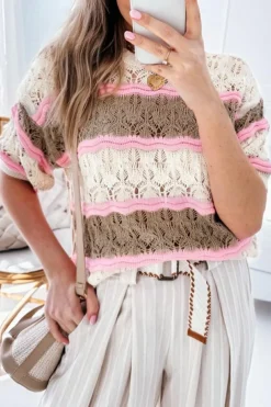 Online Dear-Lover Color Block Hollow Out Crochet Half Sleeve Sweater Brown Stripe