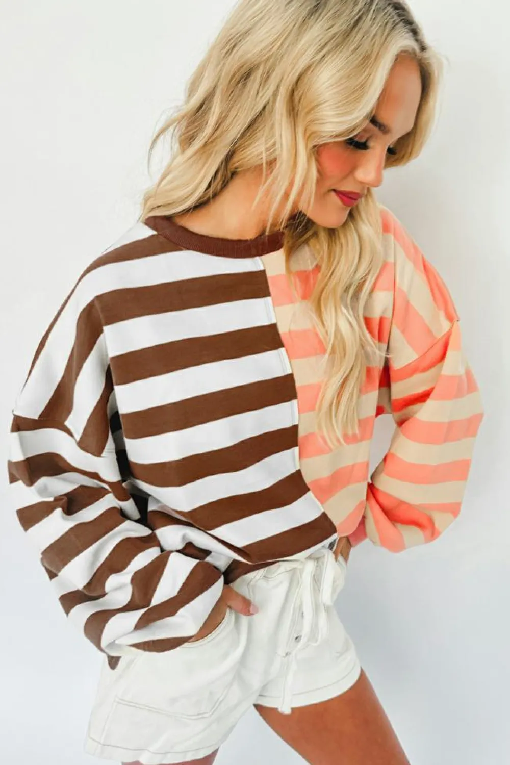 Clearance Dear-Lover Color Block Drop Shoulder Pullover Sweatshirt Brown Stripe