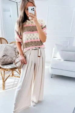 Online Dear-Lover Color Block Hollow Out Crochet Half Sleeve Sweater Brown Stripe