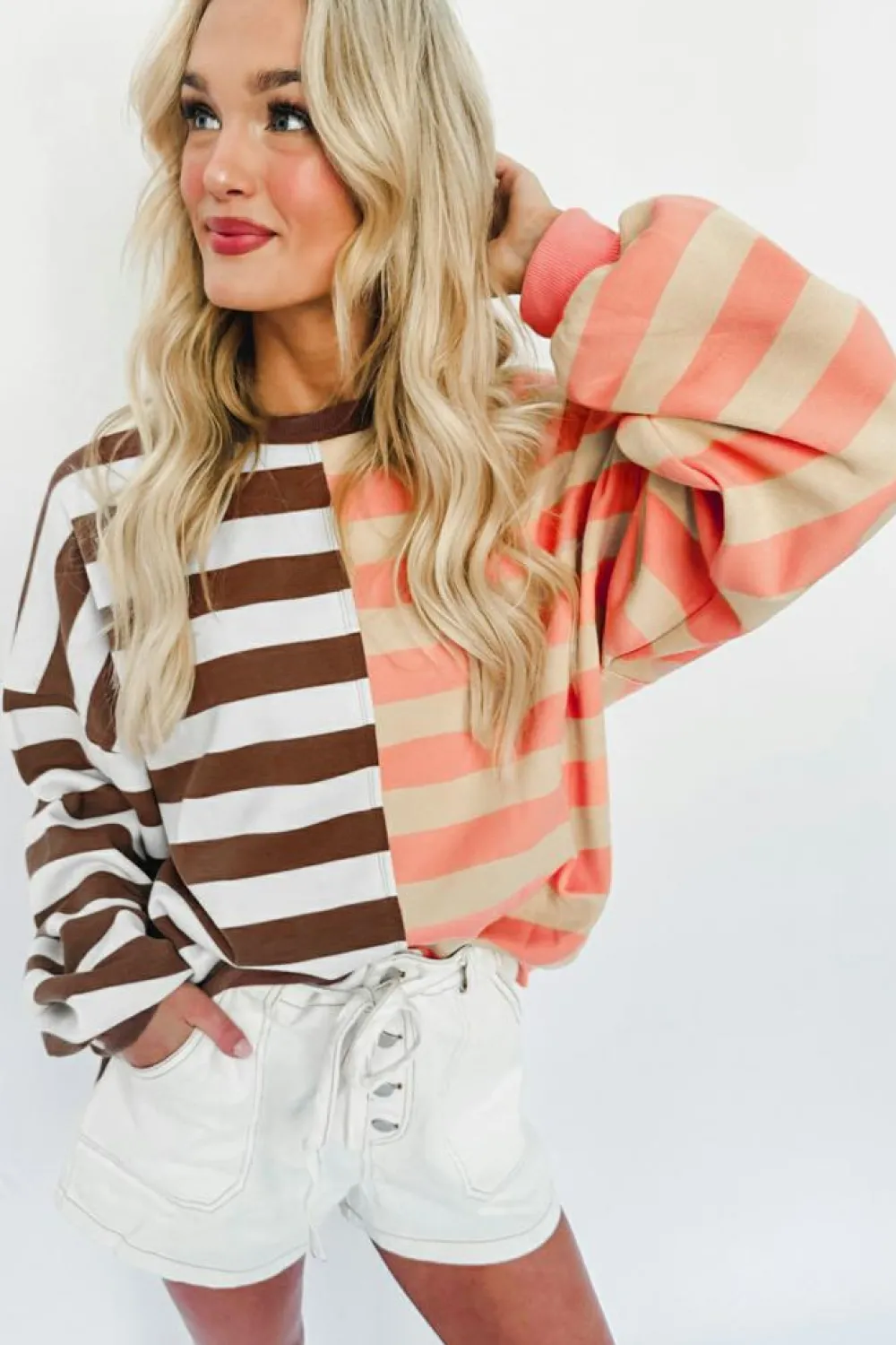 Clearance Dear-Lover Color Block Drop Shoulder Pullover Sweatshirt Brown Stripe
