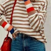 Sale Dear-Lover Colorblock Bishop Sleeve Turtleneck Sweater Brown Stripe