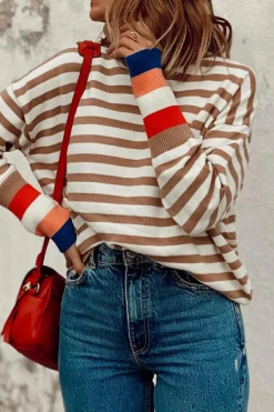 Sale Dear-Lover Colorblock Bishop Sleeve Turtleneck Sweater Brown Stripe